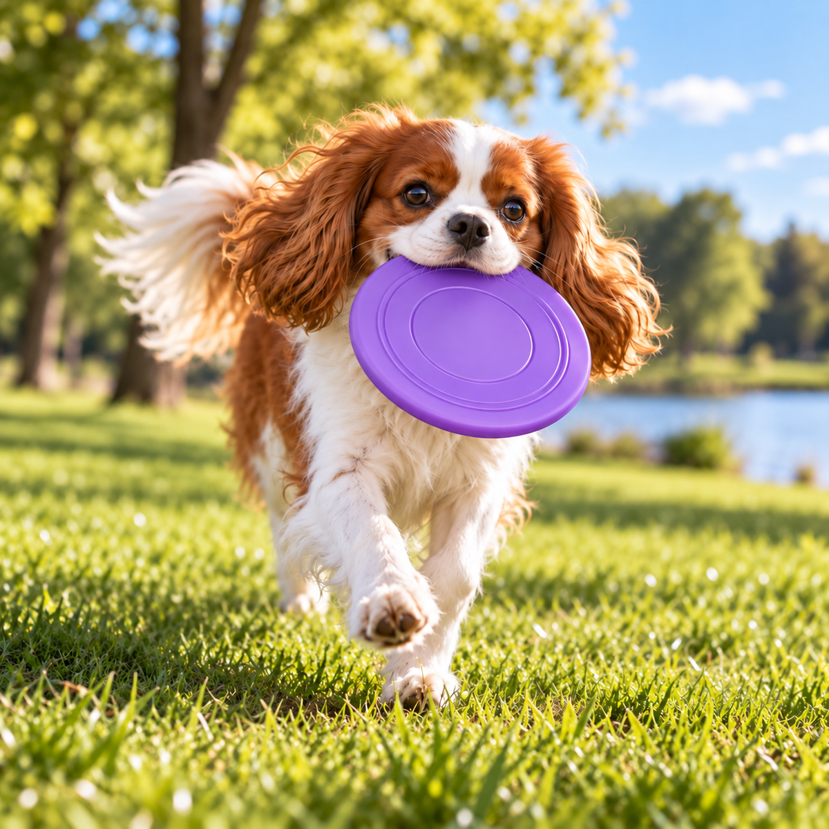 FlexFetch Silicone Flying Disc purple used by a dog outdoors