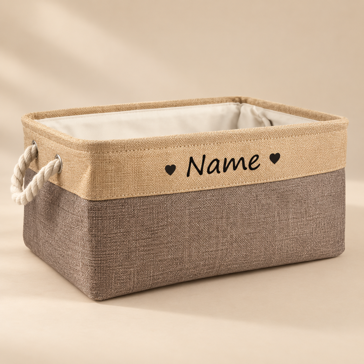 PawKeep personalized toy storage basket brown hearts angled view