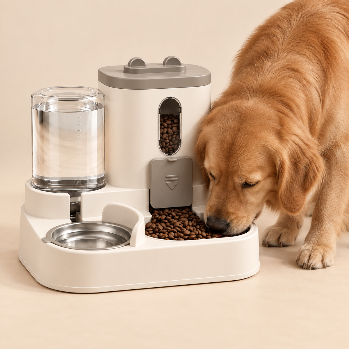 Dog eating from Rex Automatic Pet Feeder Fountain