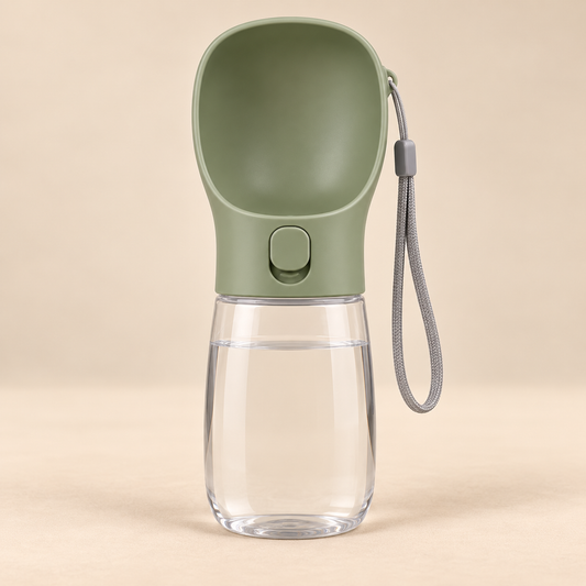 Adventure Pup Water Bottle on warm beige background
