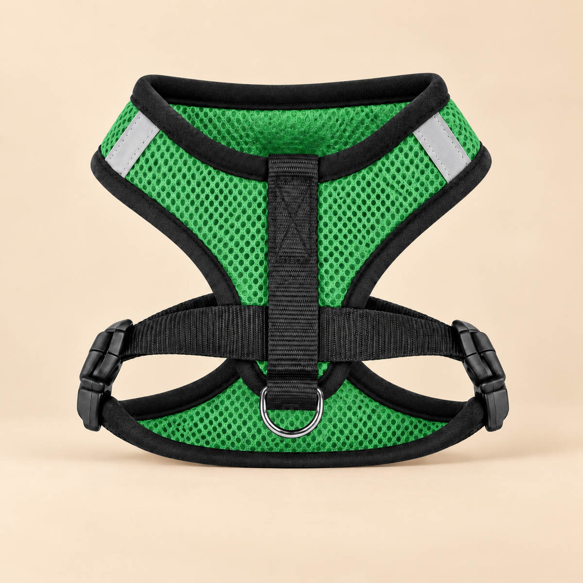 AirFit reflective pet harness green on warm beige background