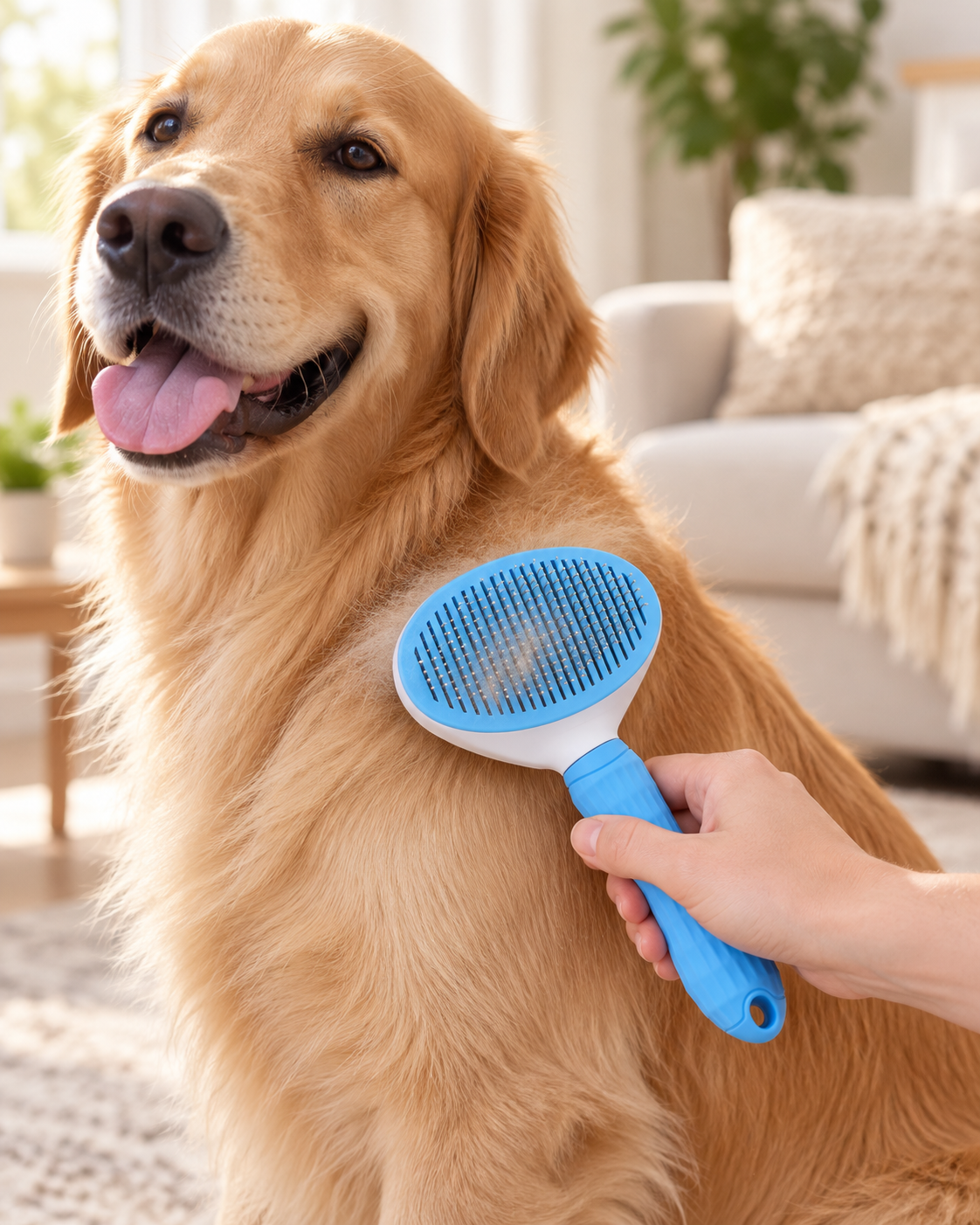 CleanGlide blue brush used on a dog