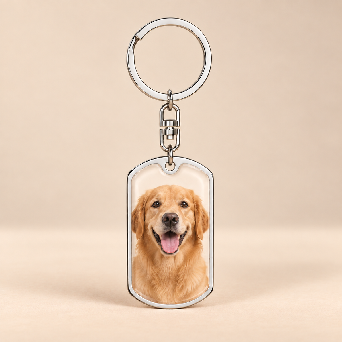 Custom Dog Photo Keychain on warm beige background