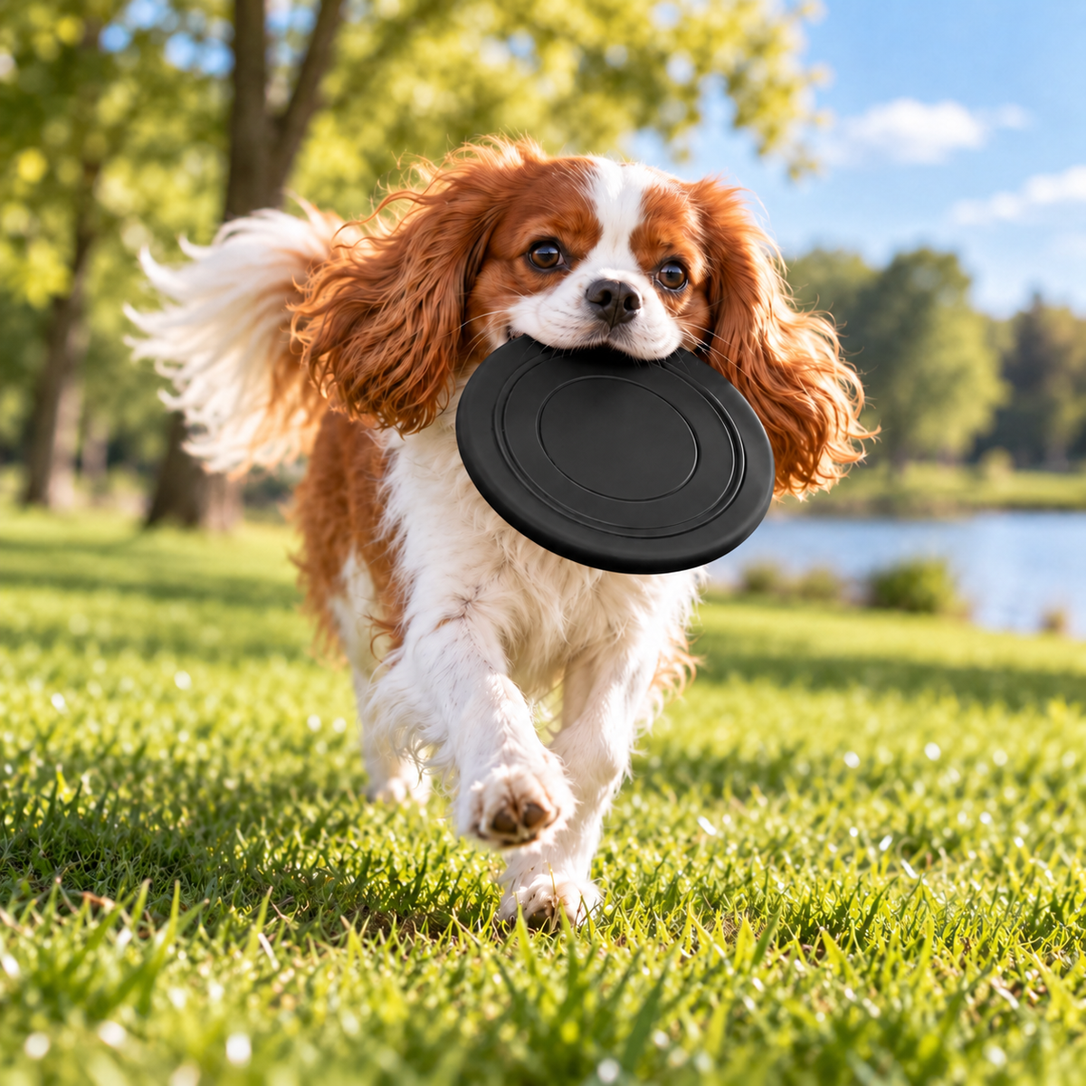 FlexFetch Silicone Flying Disc black used by a dog outdoors