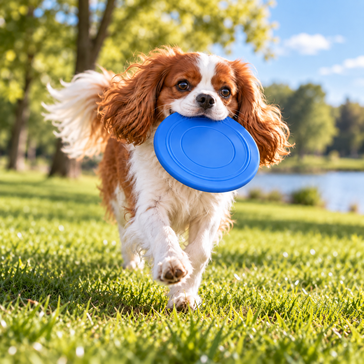 FlexFetch Silicone Flying Disc blue used by a dog outdoors