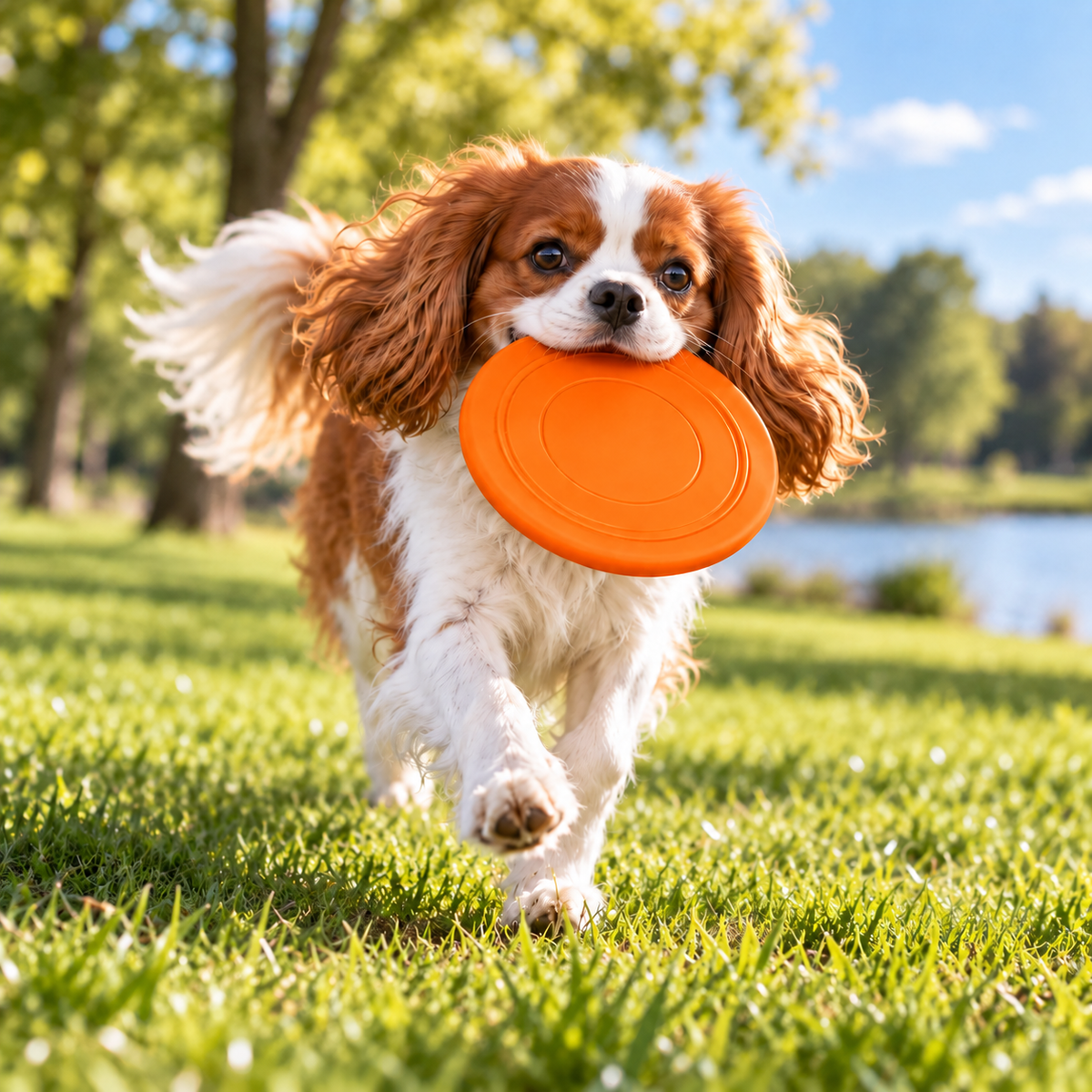 FlexFetch Silicone Flying Disc orange used by a dog outdoors