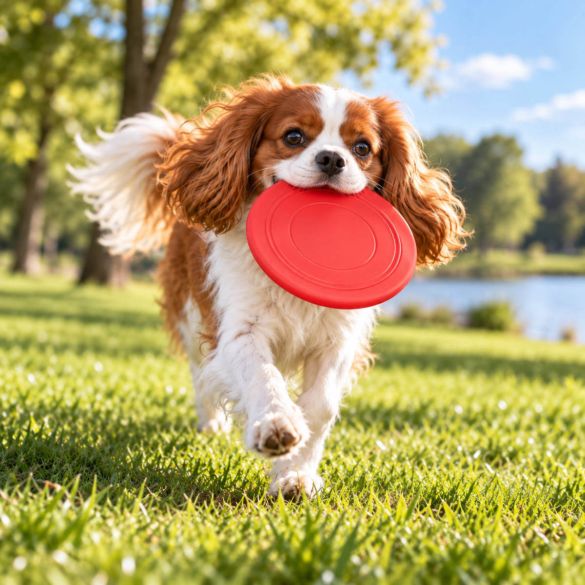 FlexFetch Silicone Flying Disc red used by a dog outdoors