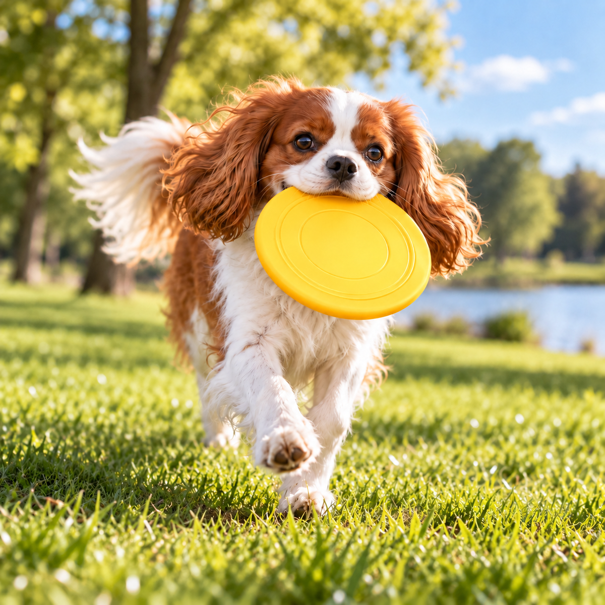 FlexFetch Silicone Flying Disc yellow used by a dog outdoors