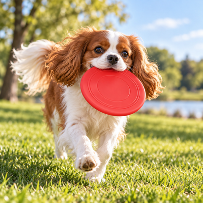 FlexFetch red flying disc used by a dog outdoors