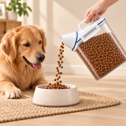 Fresh Pet Food Storage Container pouring kibble into a dog bowl