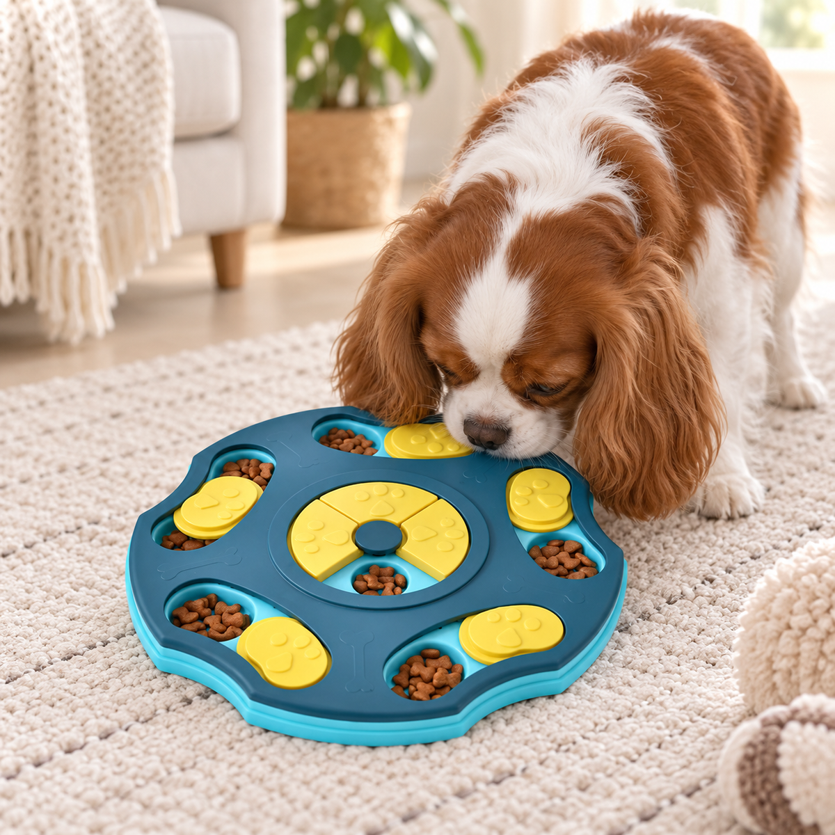 MindfulPaws slow feeder puzzle used by a small dog