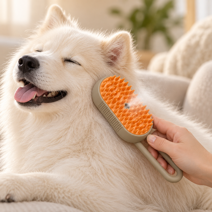 MistGlow grooming brush used on a dog