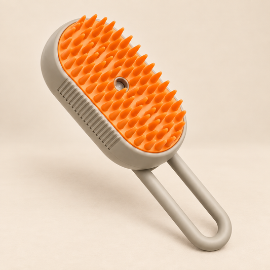 MistGlow 3-in-1 Pet Grooming Brush orange on warm beige background