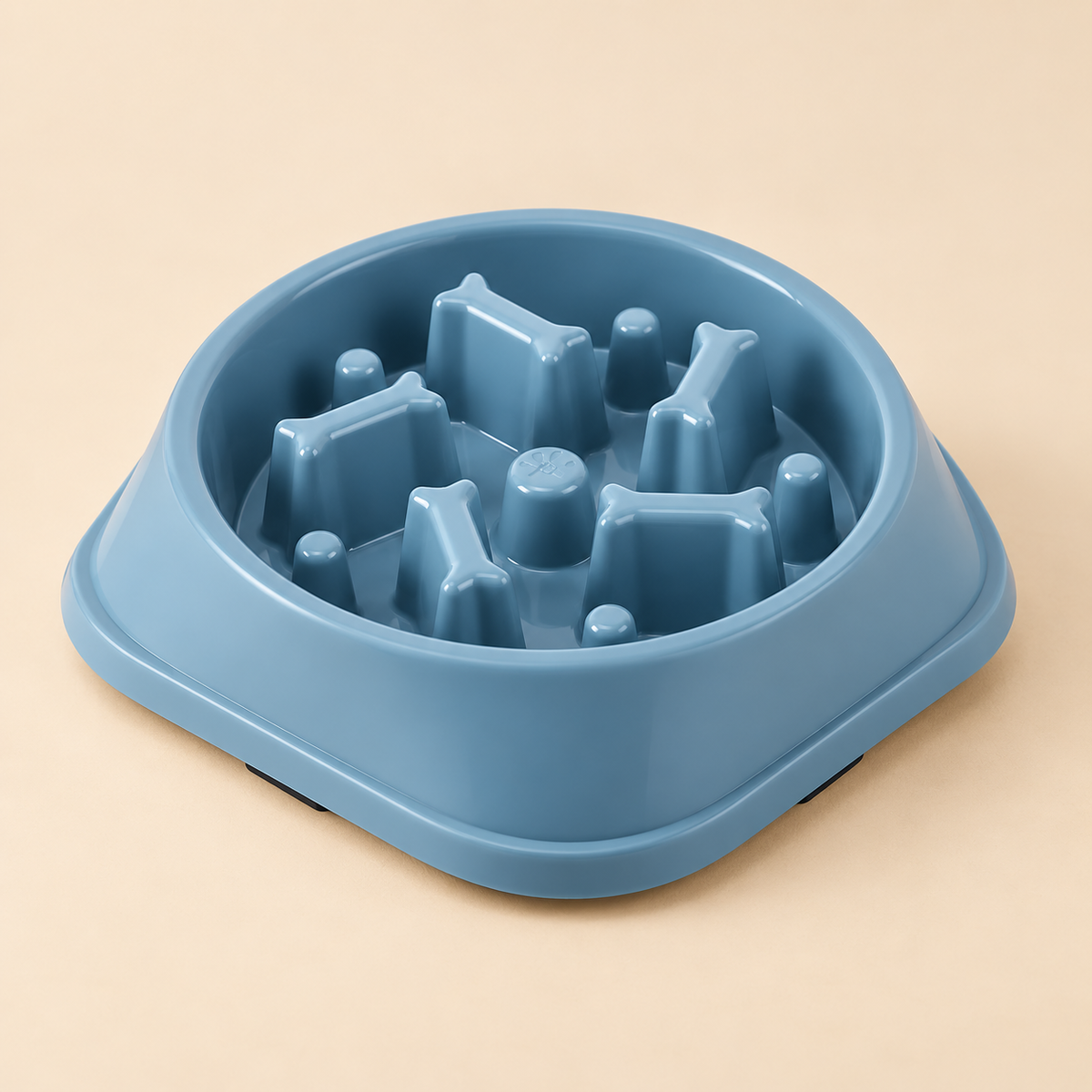 PacePaw Slow Feeder Bowl blue square design on warm beige background