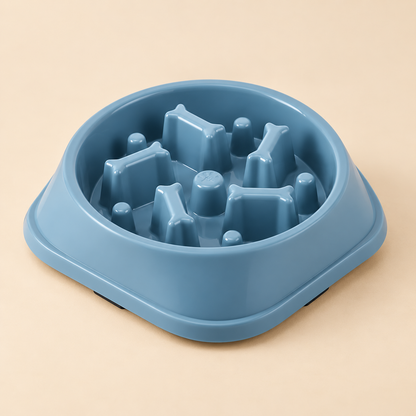 PacePaw Slow Feeder Bowl blue square design on warm beige background