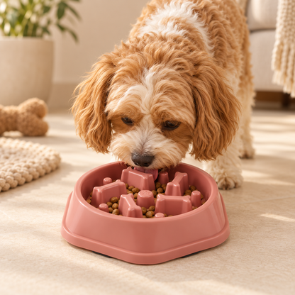 Small dog eating from PacePaw pink square slow feeder bowl