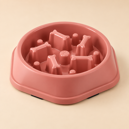 PacePaw Slow Feeder Bowl pink square design on warm beige background