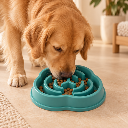 Dog eating from PacePaw teal clover slow feeder bowl