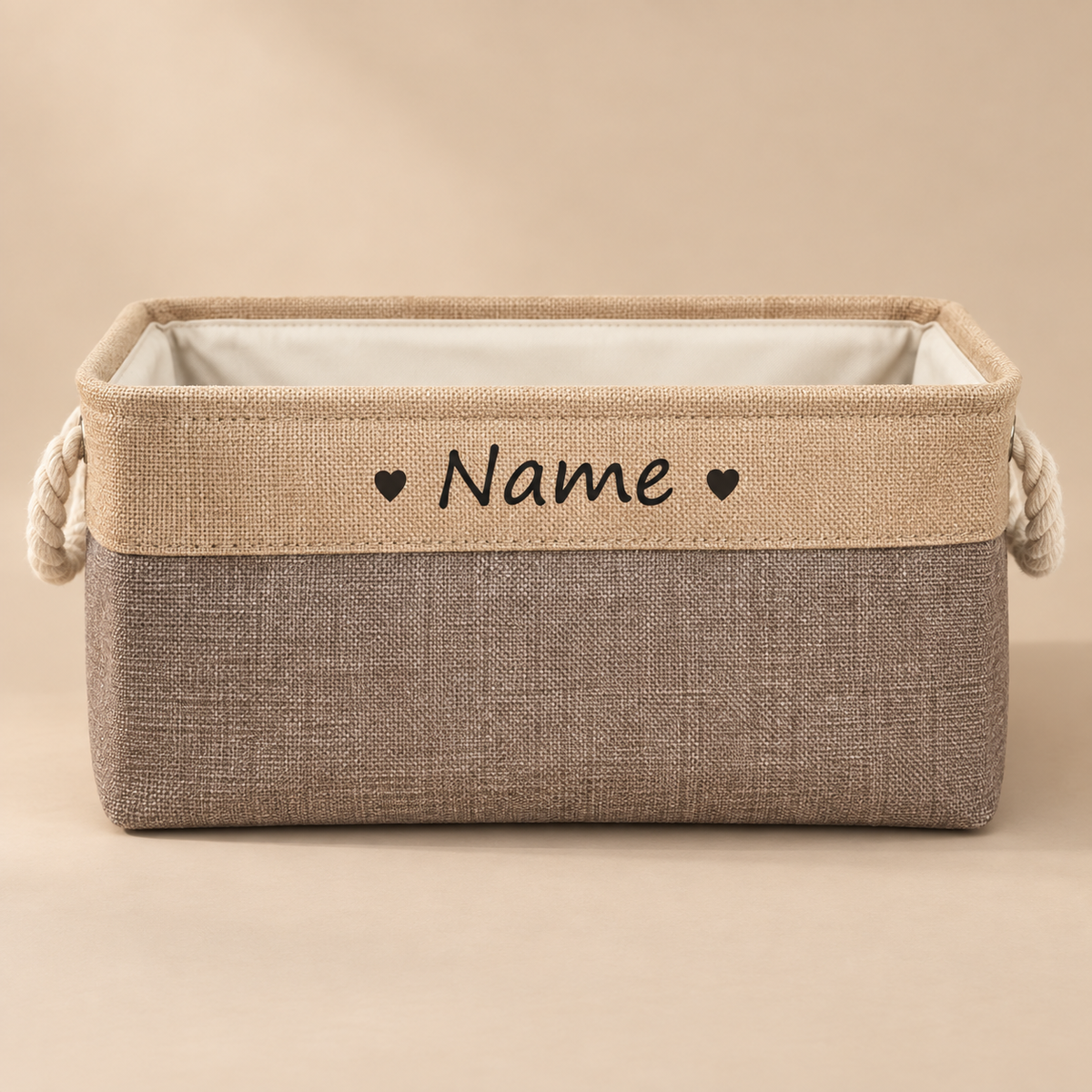 PawKeep personalized toy storage basket brown hearts front view