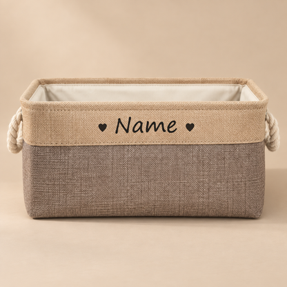 PawKeep personalized toy storage basket brown hearts front view