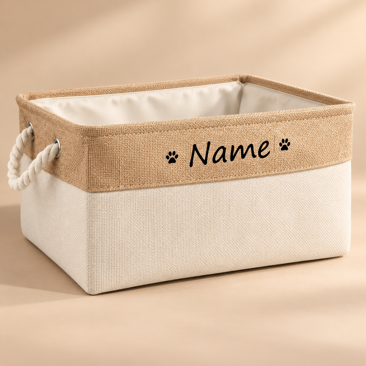PawKeep personalized toy storage basket cream angled view
