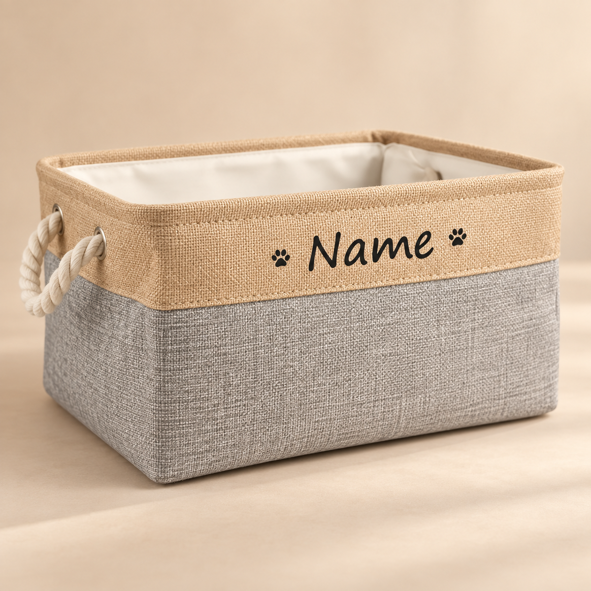 PawKeep personalized toy storage basket grey angled view