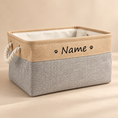 PawKeep personalized toy storage basket grey angled view