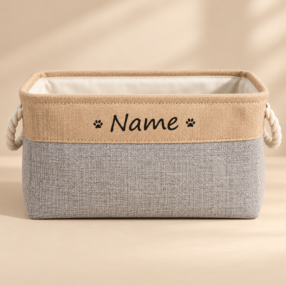 PawKeep personalized toy storage basket grey front view