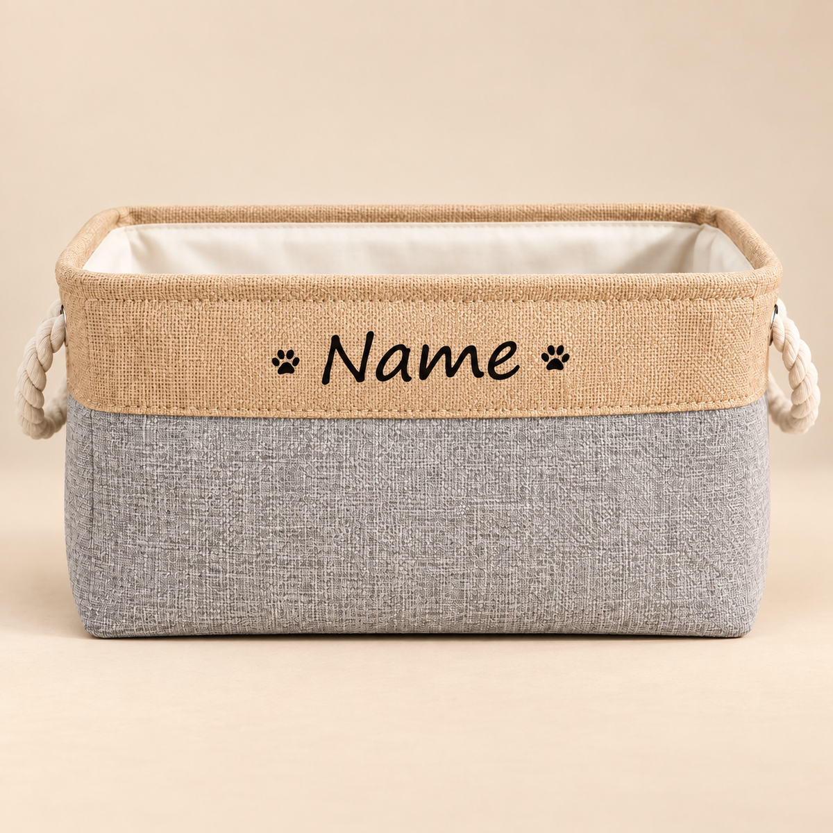 PawKeep Personalized Toy Storage Basket on warm beige background
