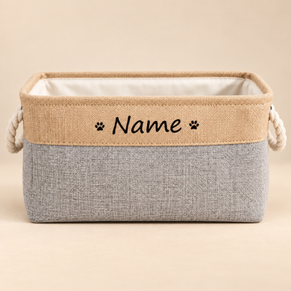 PawKeep Personalized Toy Storage Basket on warm beige background