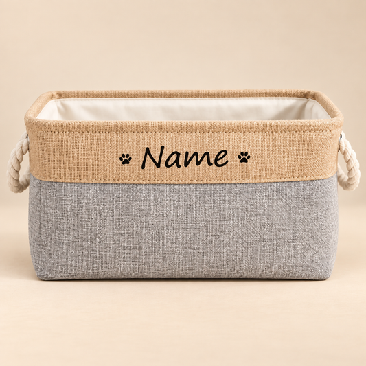PawKeep Personalized Toy Storage Basket on warm beige background