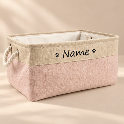 PawKeep personalized toy storage basket pink angled view