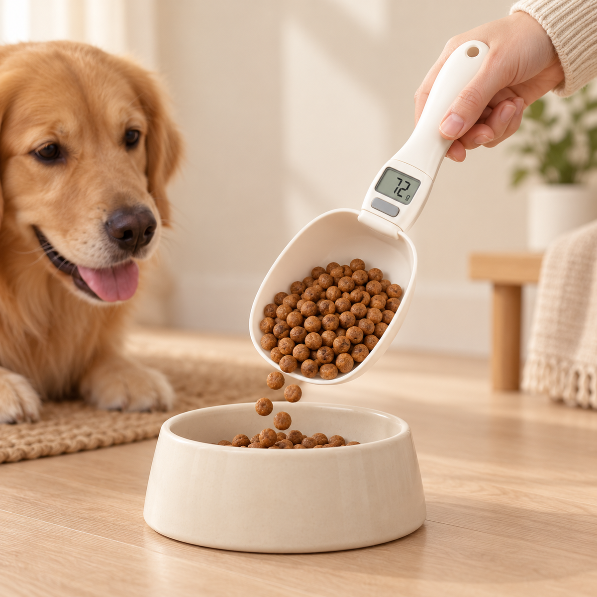 Precision Pet Food Scoop serving kibble into a dog bowl