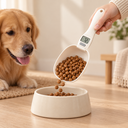 Precision Pet Food Scoop serving kibble into a dog bowl