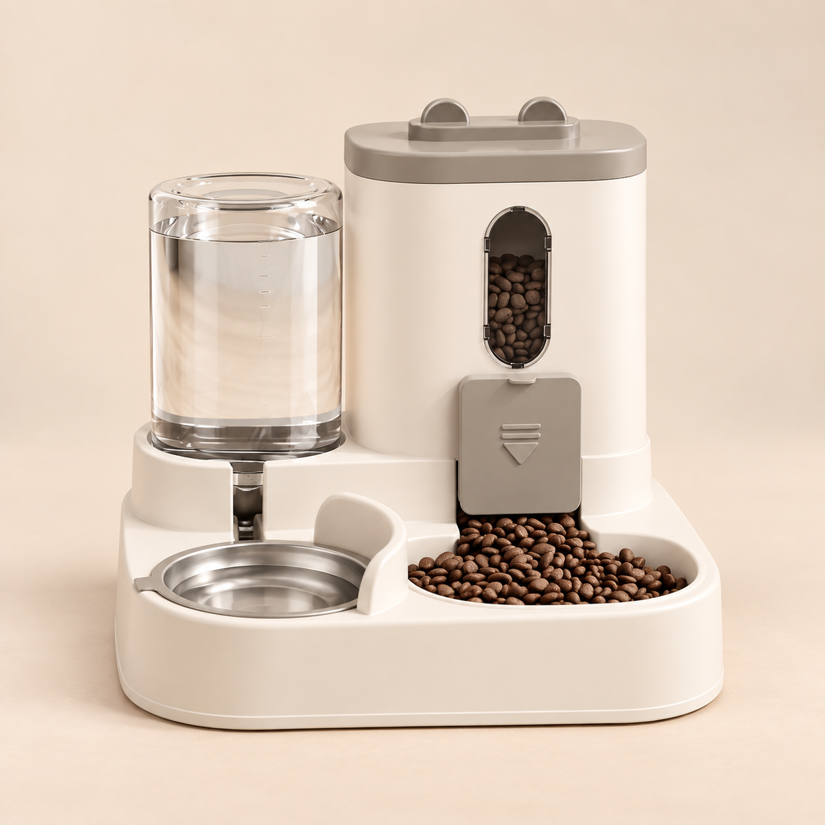 Rex automatic pet feeder fountain on warm beige background