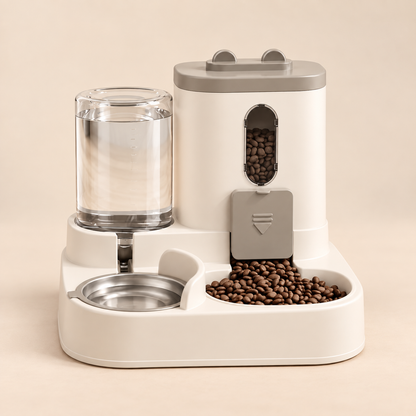 Rex automatic pet feeder fountain on warm beige background