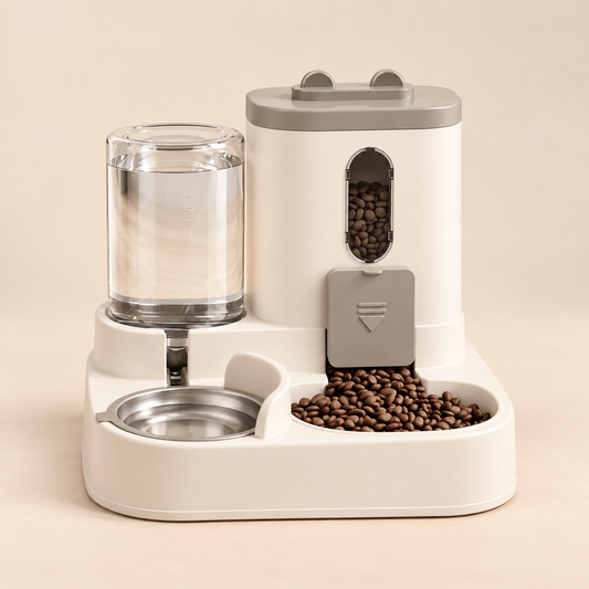 Rex automatic pet feeder fountain on warm beige background