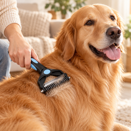 ShedEase deshedding tool used on a golden retriever